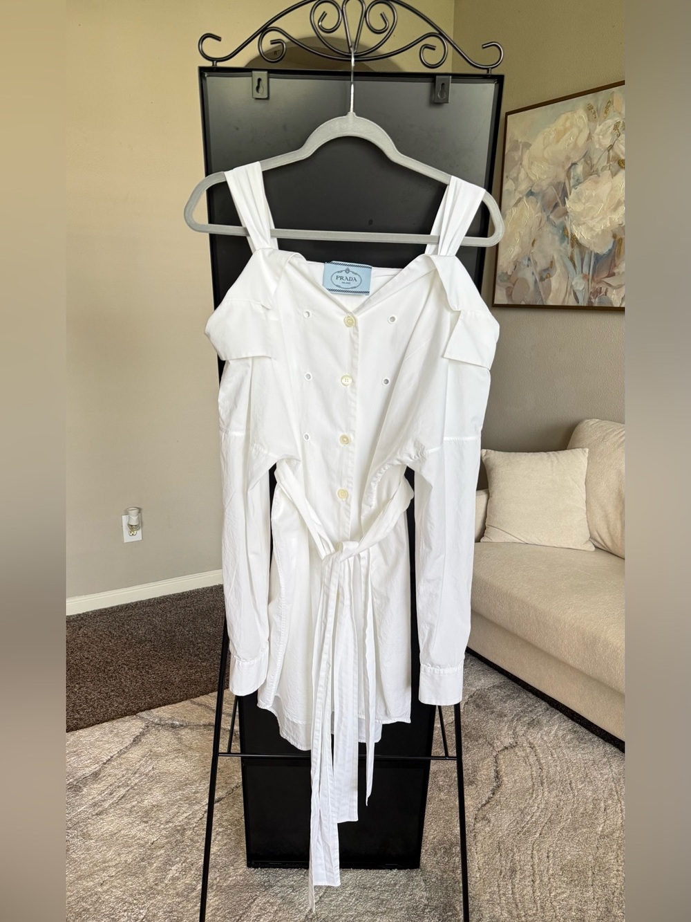 Prada White Cold-Shoulder Button-Front Dress with Waist Tie